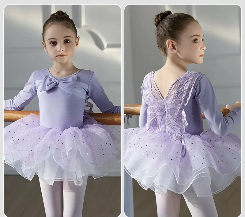 

Танцевальные трико для девочек, юбка с блестками и звездами, с длинным рукавом и узлом спереди, сзади, 3D бабочка, балетное китайское народное танцевальное платье для спортзала, сценическое платье