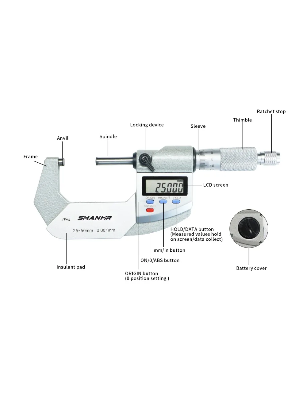 SHANHR IP65 Cyfrowy Mikrometr Zewnętrzny Elektroniczny 0-25/25-50/50-75/75-100 mm Mikrometr Cyfrowy 0,001 mm — zdjęcie 2