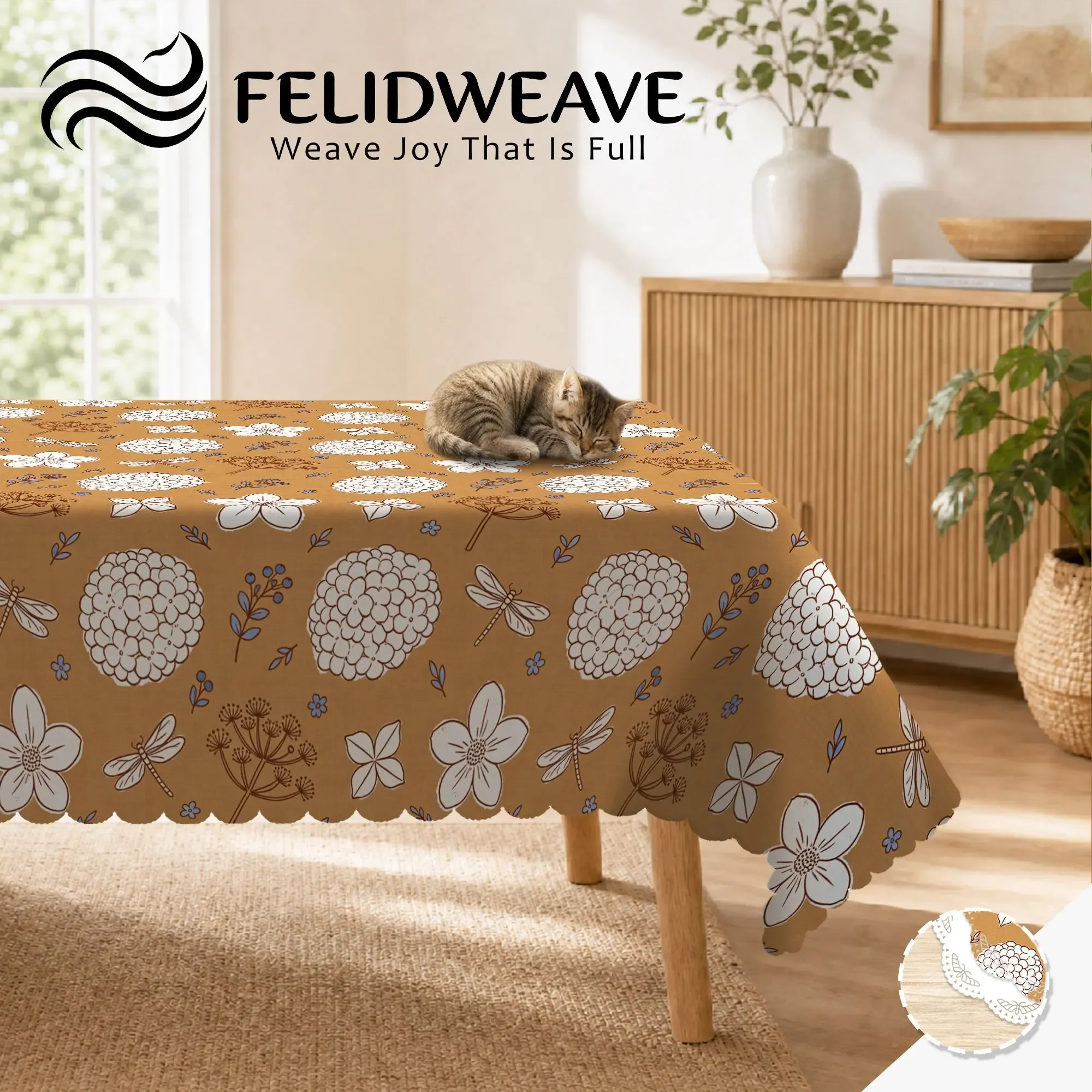 Retro country-style floral-patterned beige round polyester tablecloth with hand-painted wild flower decoration table matxzj