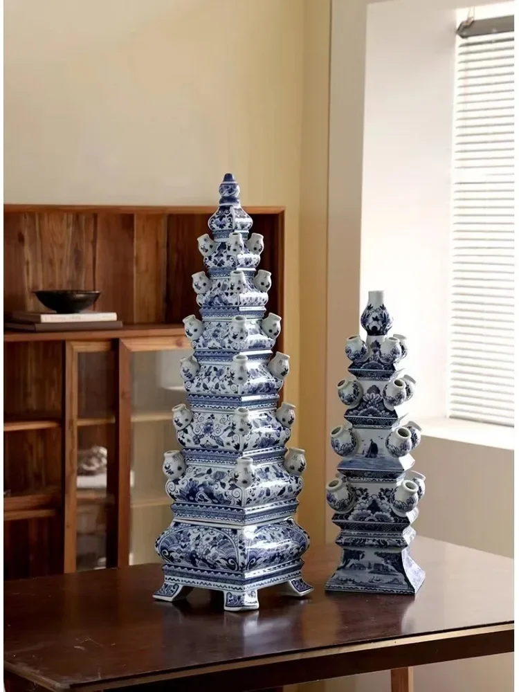 Luxury Ceramic Sculpture Vase Pagoda Blue and White Porcelain Simple Design Ornaments Interior Decoration Flower Tower