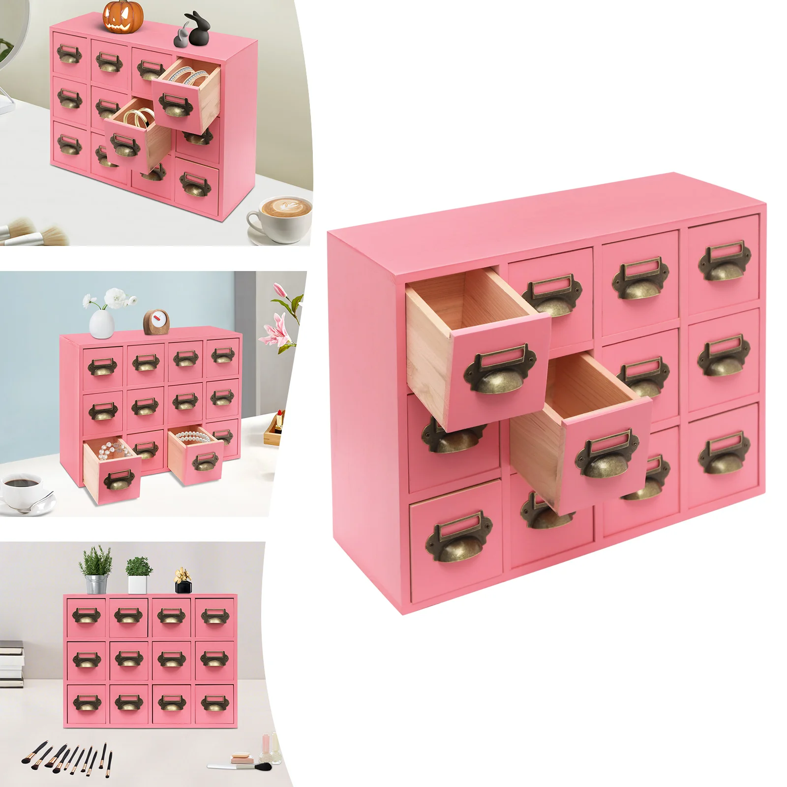 

12-Drawer Storage Cabinet Tabletop Wooden Medicine Cabinet, Desktop Drawer Organizer Vintage Decor for Home Office Pharmacy Pink