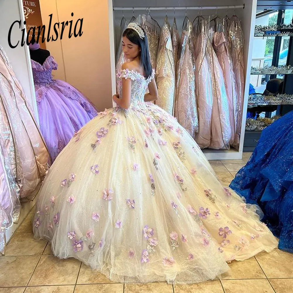 Vestido De quinceañera púrpura con hombros descubiertos, vestido De Baile De Princesa, flor 3D, dulce, 16 Vestidos De Fiesta