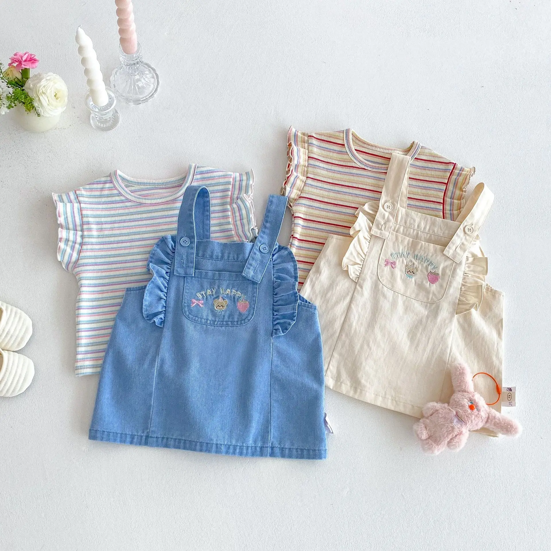 Girls' Striped T-shirt 2025 New Summer Baby Sweet Korean Version Base Shirt Children's Embroidered Teddy Bear Overalls