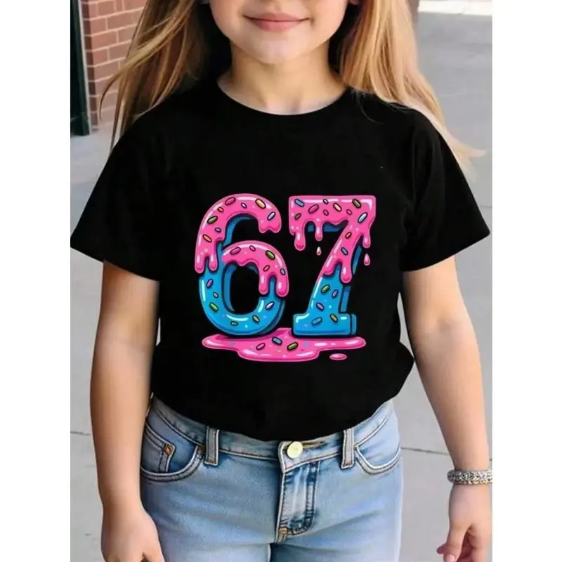Girls Cute Ice Cream Sprinkle Number 67 Print Short Sleeve Tee, Breathable Cotton, Perfect for Birthday & Daily Outfitsdf0046