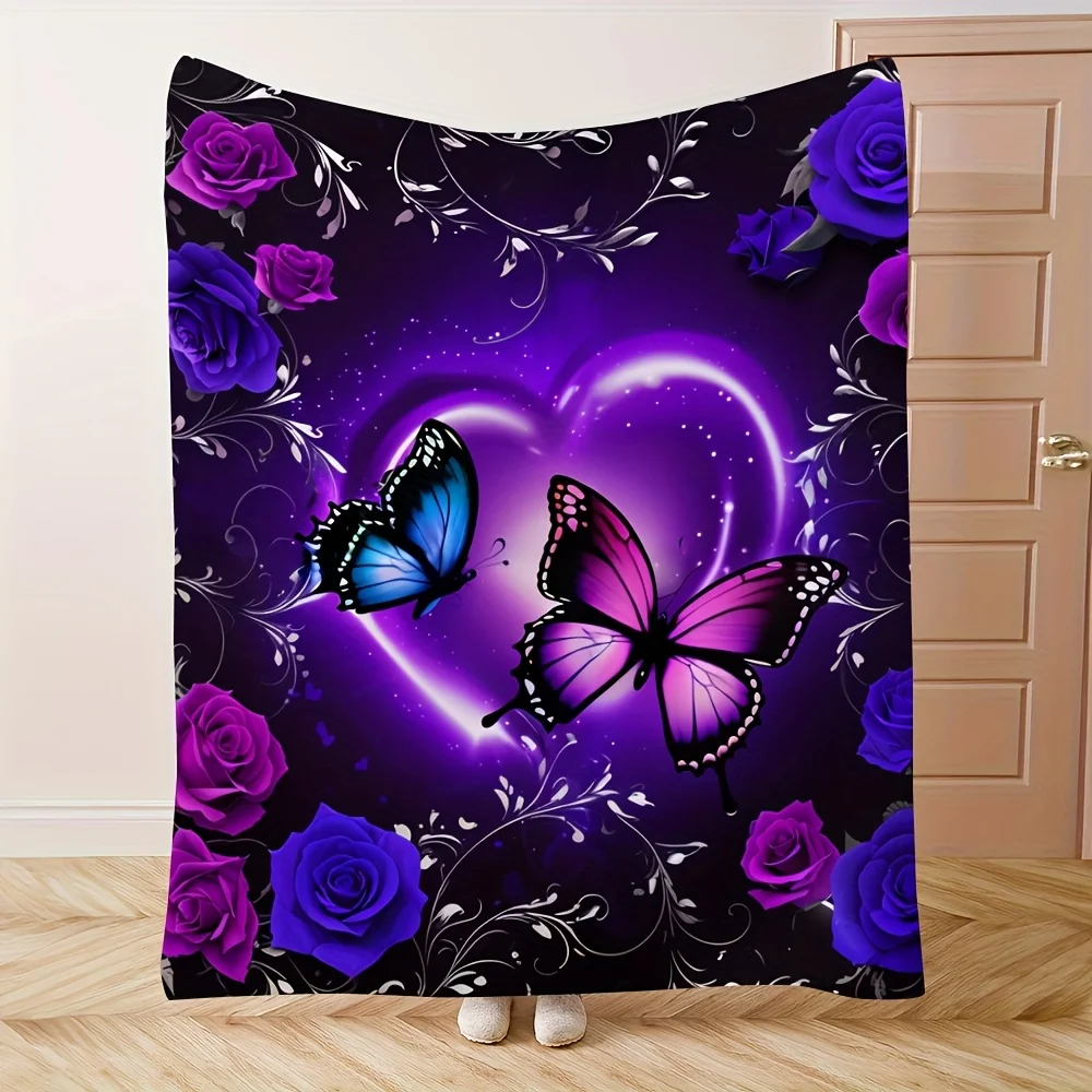 Enchanting Purple Butterfly Rose Floral Print Flannel Blanket Throw for Home Decor, Camping, Travel Perfect Gift for Friends