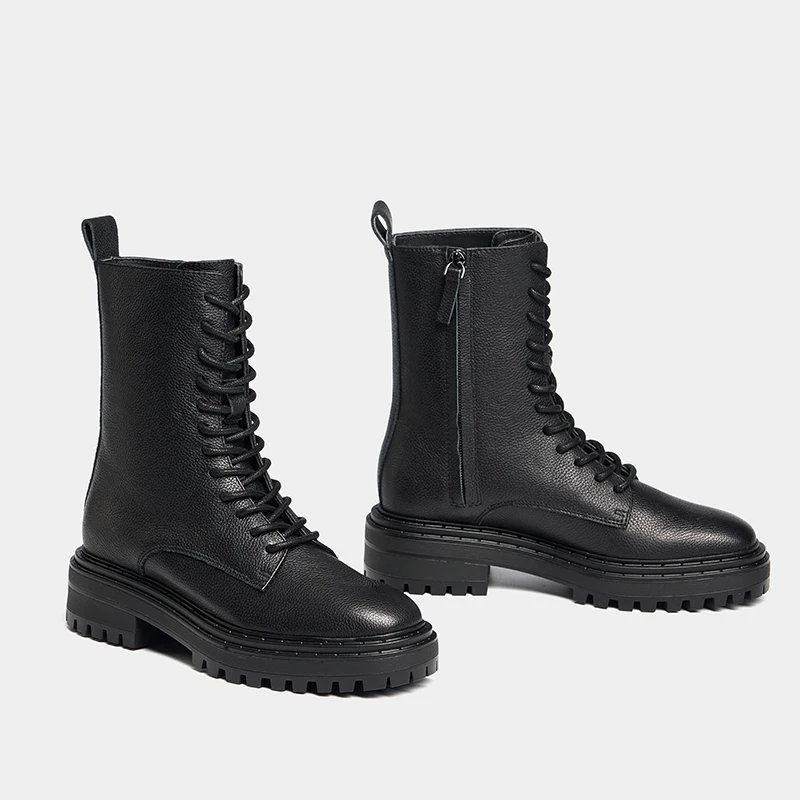 MOOQDAAX 2023 New Autumn Winter Women Fashion Genuine Leather British Style Lacing Short Boots Simple Casual Shoes Martin Boots