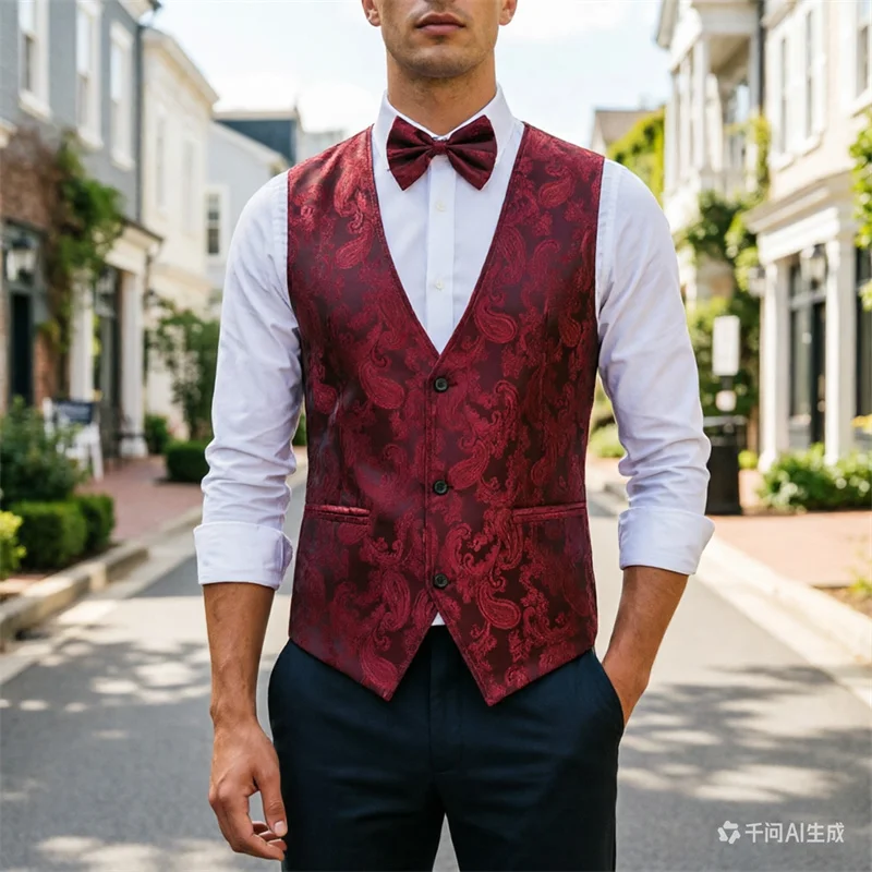 

Винно-красный жаккардовый жилет, мужской тонкий модный жилет для свадьбы, танцев, вечеринок, бара, караоке, повседневный жилет европейского размера