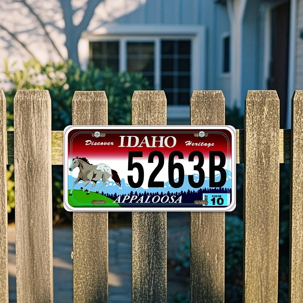 لافتة حائط لوحة ترخيص Idaho Heritage - فن معدني من الألومنيوم بتصميم حصان وجبل، ديكور جراج ذو طابع غربي، متين