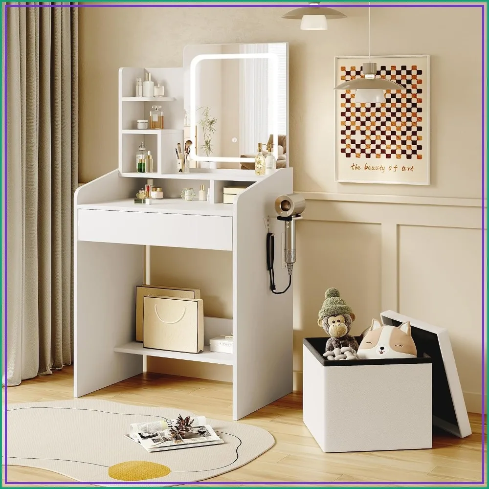 Makeup Vanity Set with Stool, Lighted Mirror, 7 Shelves, Drawer, Outlet, White
