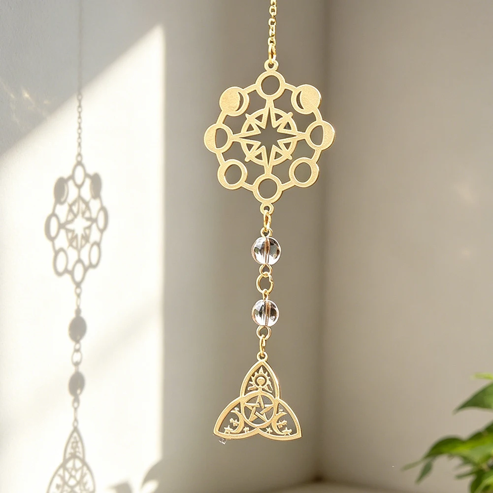 Gold Moon Phase Celtic Knot Suncatcher Metal Crystal Prism Hanging Witchy Pagan Celestial Garden Window Home Wall Decor 15.5cm