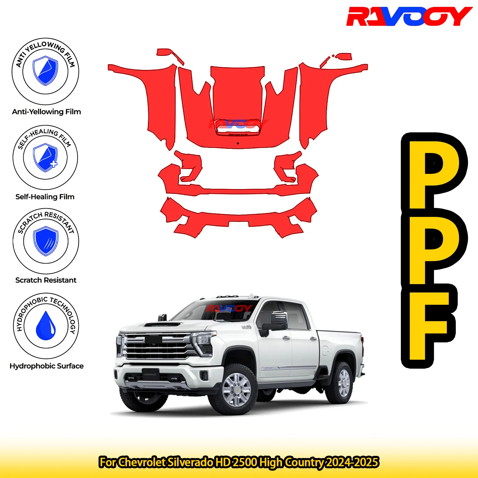 

Для Chevrolet Silverado HD 2500, High Country 2024-2025, глянцевая матовая черная предварительно вырезанная передняя пленка PPF, защитная пленка для краски