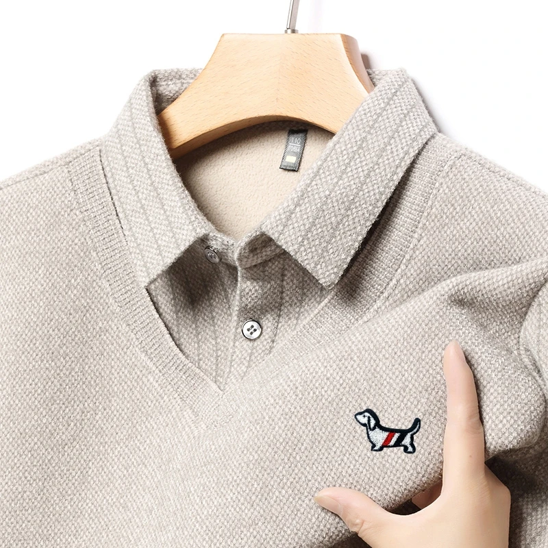 

Winter New Lapel Dog Embroid Sweater Men's Knit Fake Two-piece Thicken Pullover Business Fashion Warm Versatile Men's Clothing