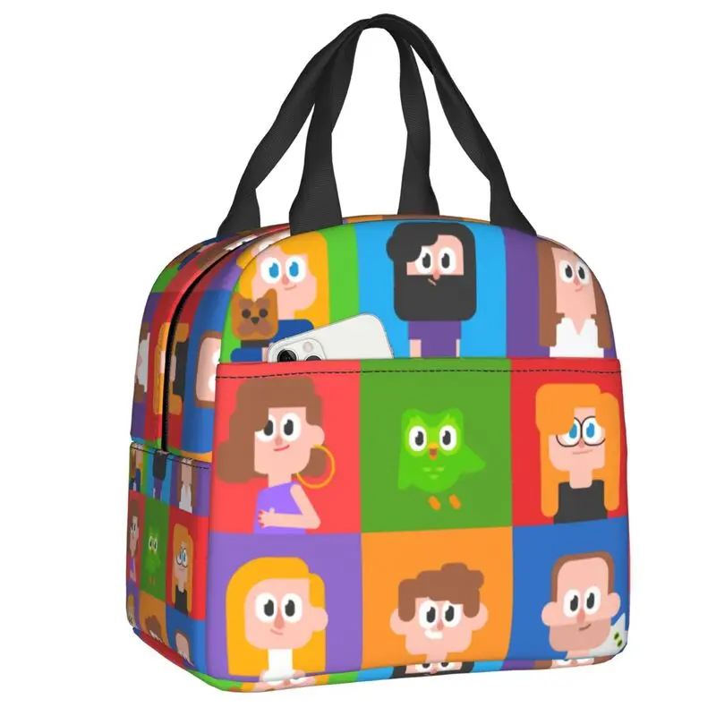 Custom Cute Cartoons D-Duolingos Bird Insulated Lunch Bag for Camping Travel Comic Cooler Thermal Bento Box Women Kids