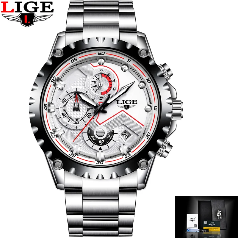 LIGE Fashion Mens Watches Top Luxury Brand Full Stainless Steel Waterproof Quartz Watch Men Chronograph Clock Relogio Masculino