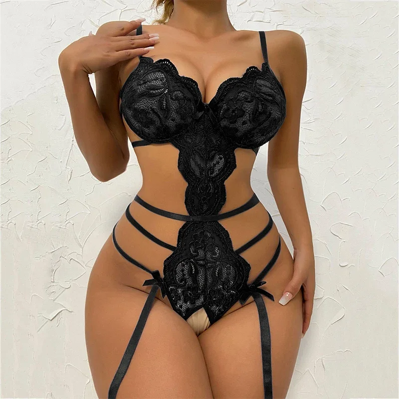 Conjunto de Lingerie Sexy feminino, bodysuits crotchless, Sling Patchwork, sutiã puro, roupa interior, bodysuits, Corda, fêmea