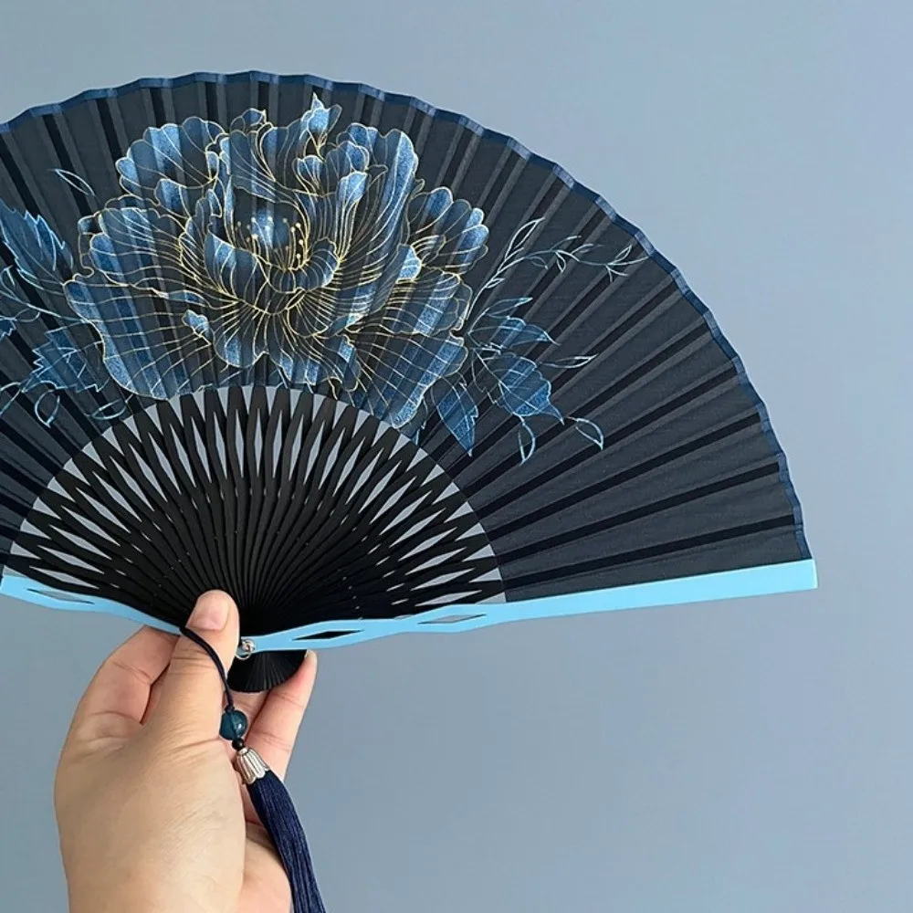 Creative Silk Cloth Folding Hand Fan Peony Flower with Tassel Retro Handheld Fan Bamboo Frame Decoration Dance Fan Gift Giving