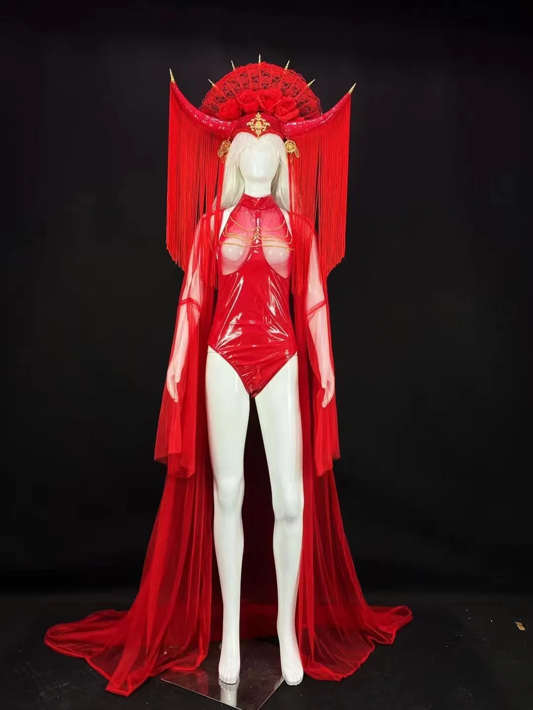 Red horn Bodysuit Gauze cloak Holloween Dance performance photo shooting birthday prom elastic special occasion sexy Prom Sing