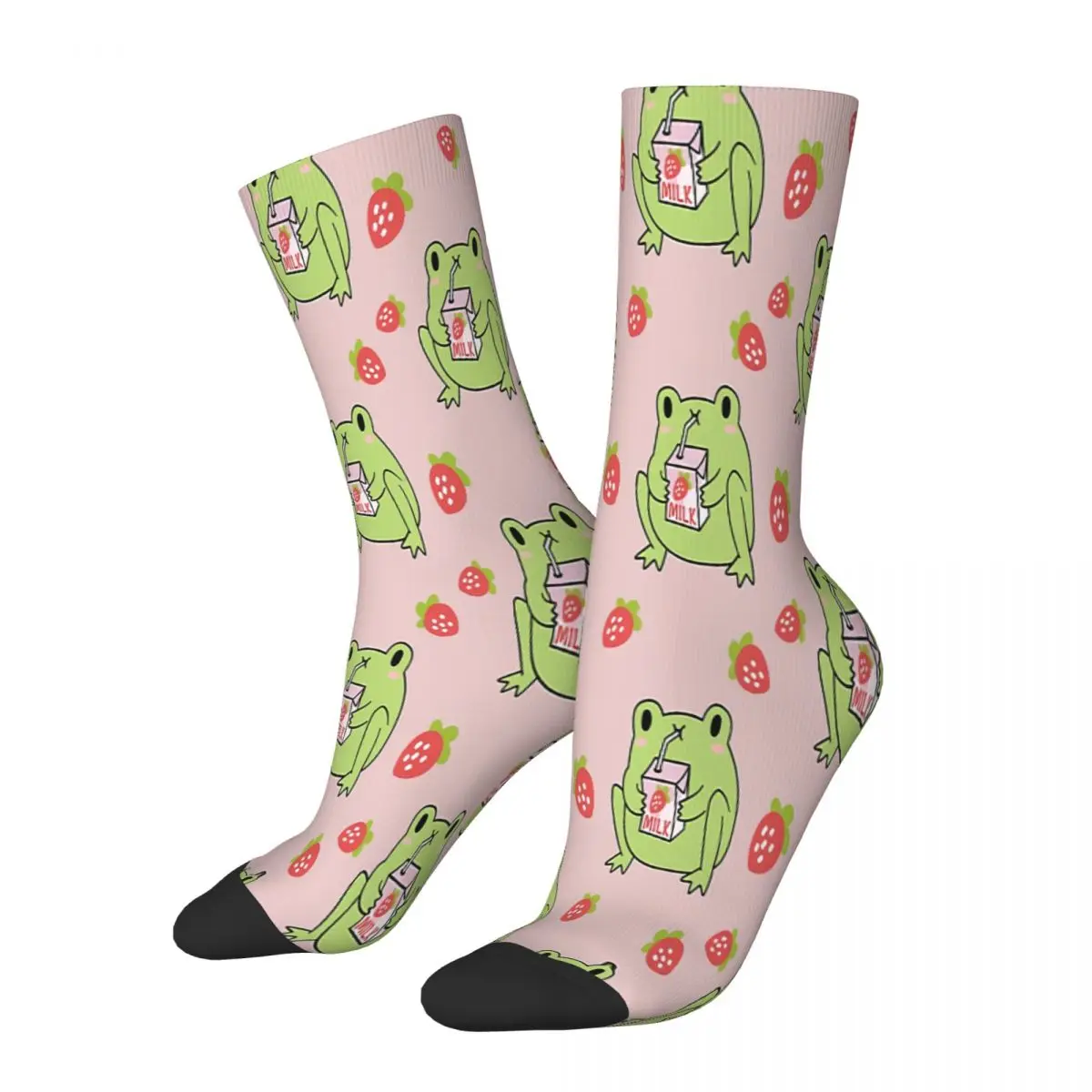 Cute Strawberry Milk Frog Drink Socks Male Mens Women Spring Stockings Harajuku