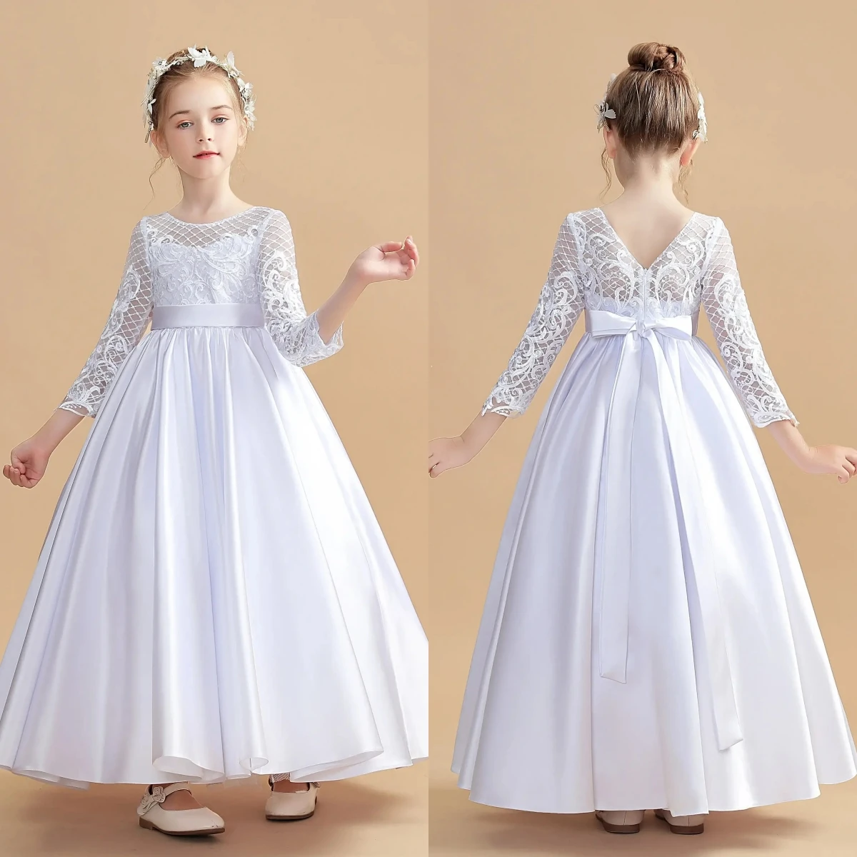 Neues hochwertiges, elegantes Blumenmädchenkleid aus weißem Satin, flauschig mit Spitzenapplikationen für Hochzeit, Ball, Geburtstagsfeier, Abendkleider