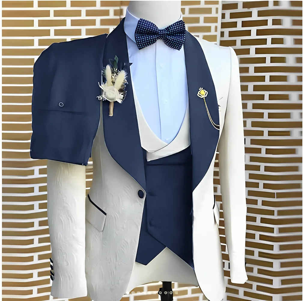 Elegant WhiteJacquard Suits Men For Wedding Formal Jacket Vest Pants 3 Pieces Groomsman Tuxedos Tailored Male Fashion Clothing