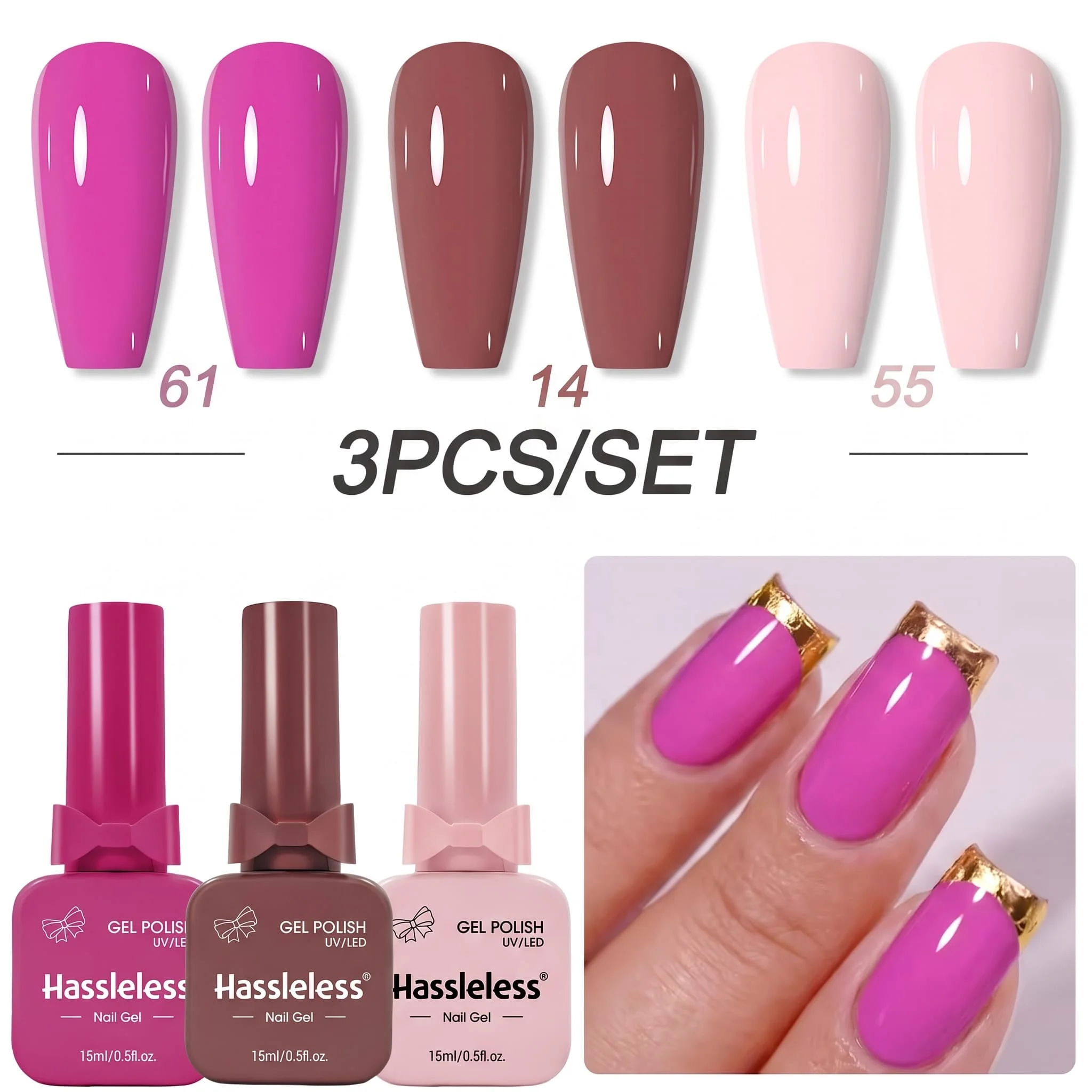 Hassleless 3Pcs Color-Contrasting Nail Polish Gel Set, a Combination of Rose Purple, Coffee Brown, and Nude Pink Nail Polish Gels, Silky Smooth Color with Long-Lasting Color Retention, Can Be Used to Create a French-Style Light Luxury Manicure Set