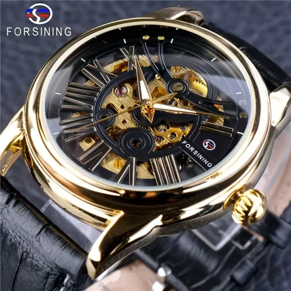 

High-End Men's Watch, Luxurious Automatic Mechanical Watch with Transparent Skeleton Design - Stylish Round Alloy Case, Black Leather Strap and Elegant Mechanical Movement Details - Perfect Gift for Watch Enthusiasts, Elegant Watch for Enthusiasts, Mechan