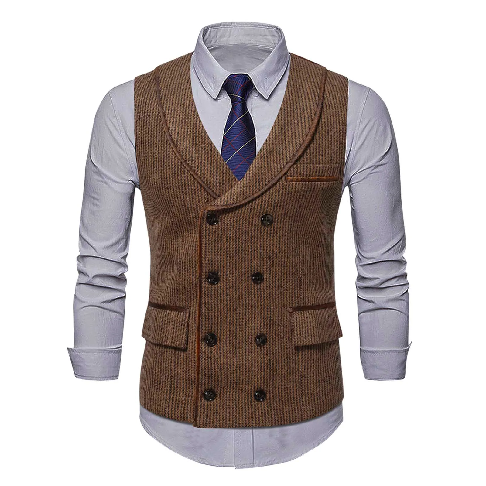 

Men's Suit Vest Coffee Lapel Collar Double Breasted Jacket Casual Slim Fit Gilet Homme Vests for Wedding Vest 2022