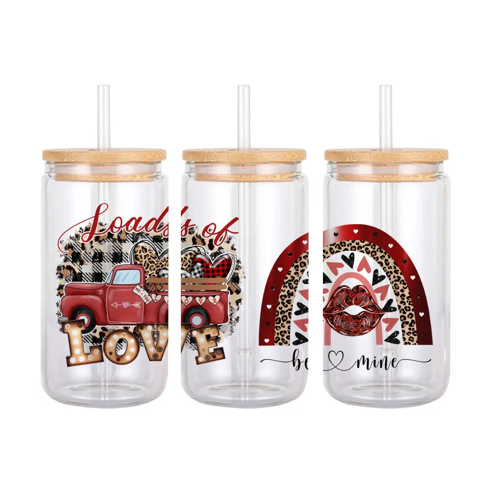 11x24cm Valentines Day For Libbey 16oz Can Glass 3D Waterproof UV DTF Coffee Can Wrap Libbey Glass Wrap