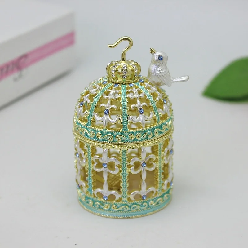 SHINNYGIFTS Hand Painted Pewter Enamel Hollow birdcage decoration box desktop ornament