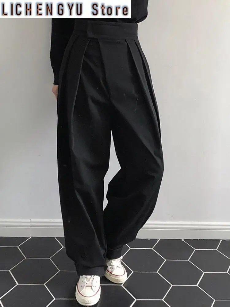 High Waist Black Pleated Long Asymmetric Wide Leg Pants New Loose Fit Trousers Women Fashion Spring Autumn