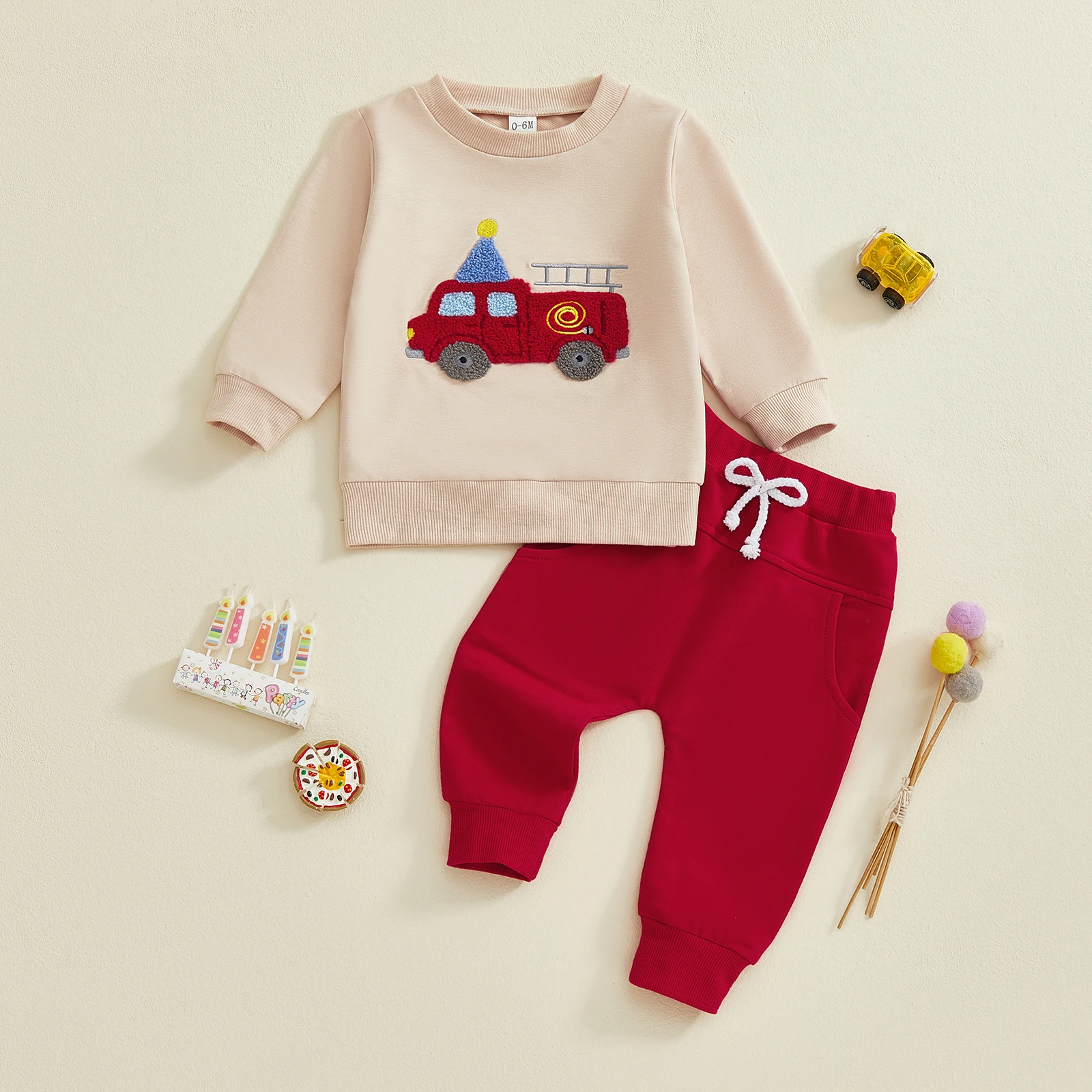 

Комплект из двух предметов на день рождения для маленьких мальчиков: топы с круглым вырезом и вышивкой грузовика с длинными рукавами и штаны с эластичной резинкой на талии, осенний комплект