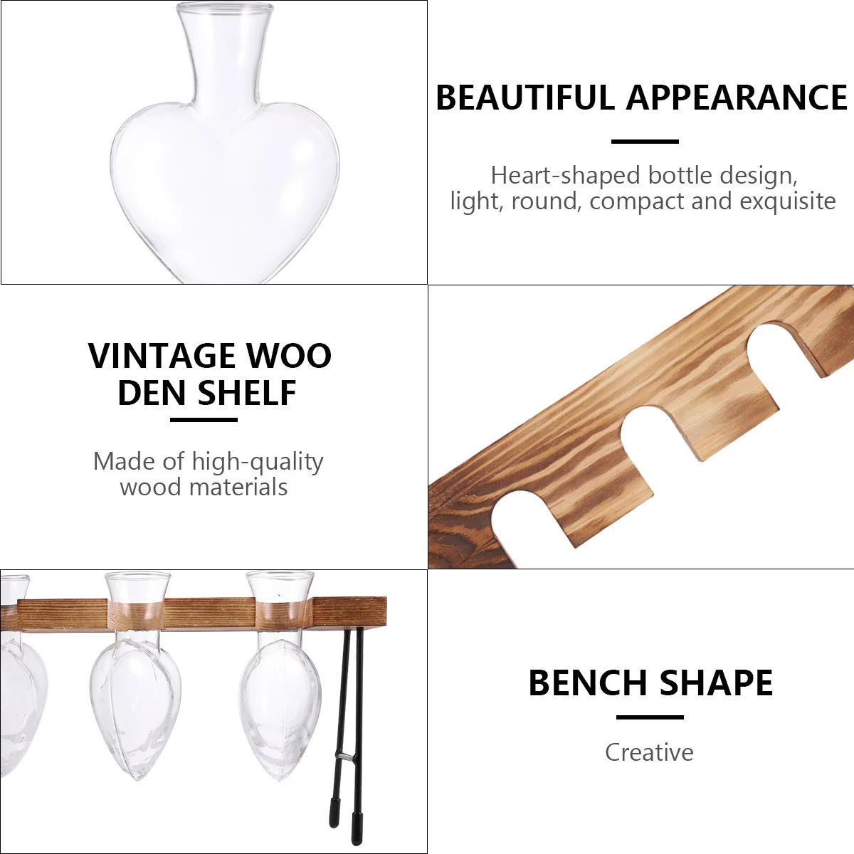 

Heart Shaped Hydroponic Flower Vase 3 Vases Wooden Frame Glass Planter Desktop Artistic Flower Holder Artistic Vase