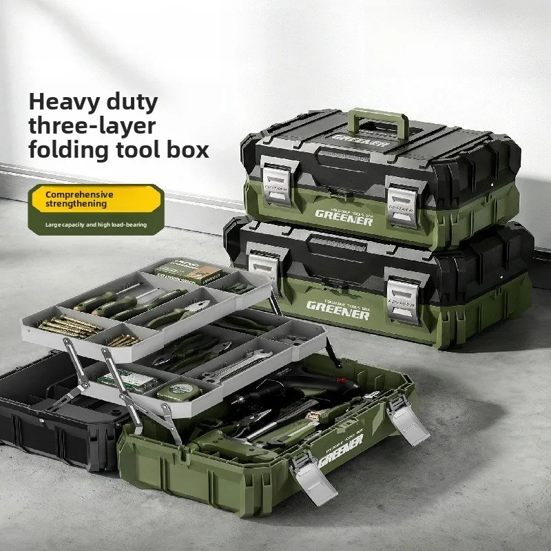 

Heavy Duty Industrial Three Layer Folding Tool Box Large Capacity Durable Shockproof Electrician Multi Purpose Storage Case