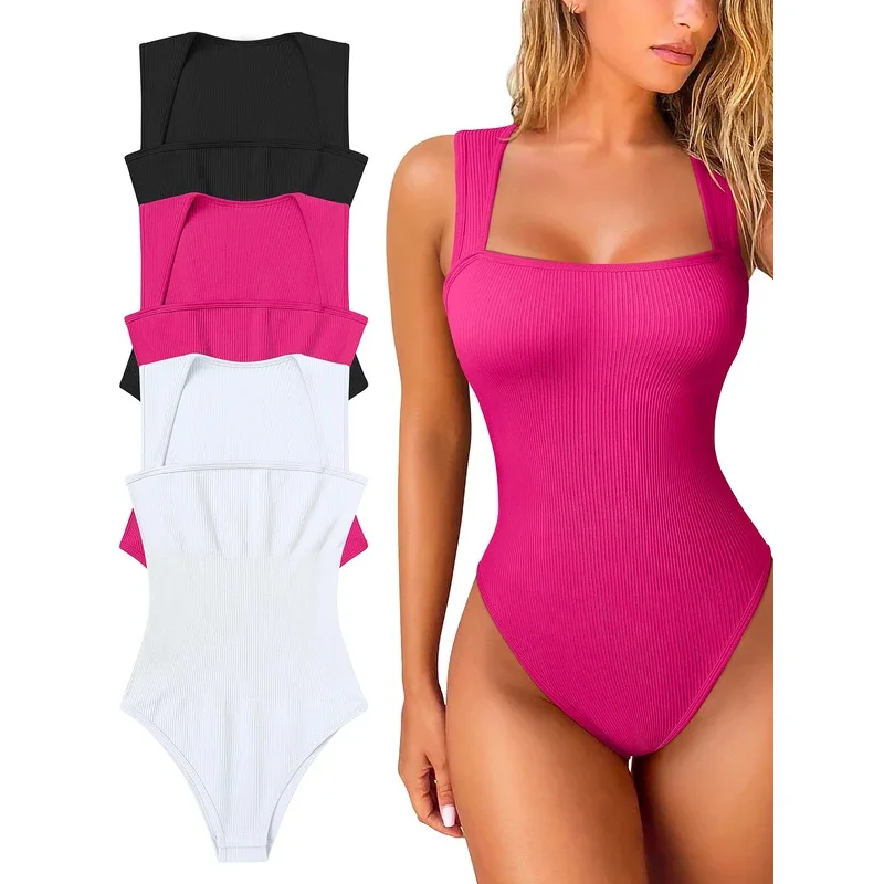 Basic bodysuits voor dames, sexy geribbelde mouwloze bodysuits met bandjes en vierkante hals