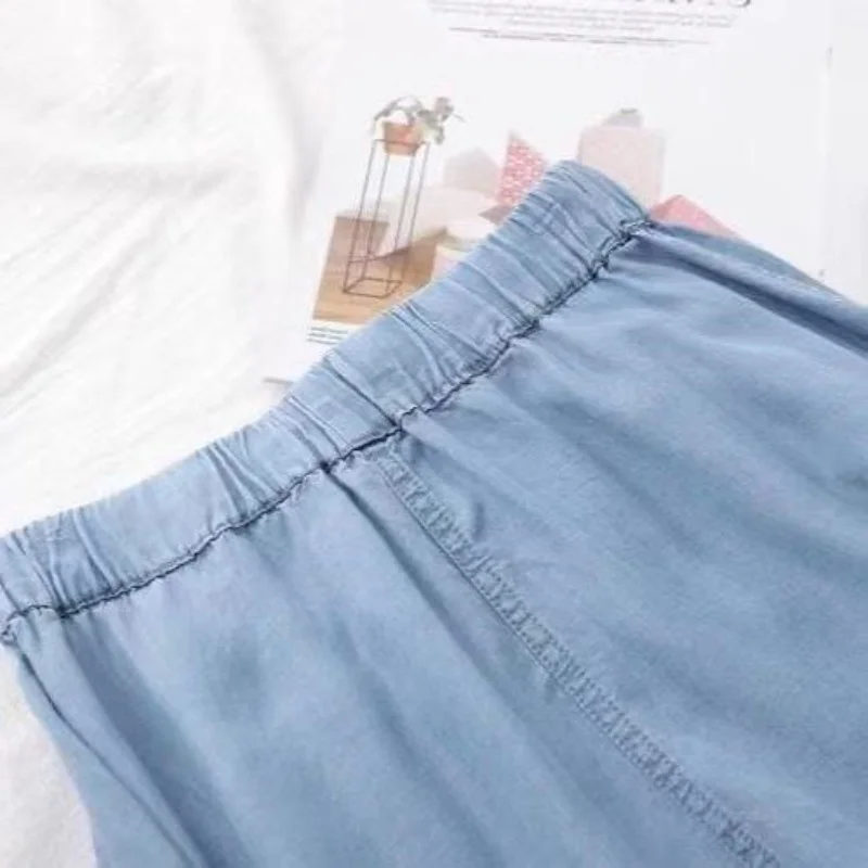 Ice Silk Denim Women's Shorts 2024 Summer New Loose Drawstring Sagging Elastic Waist Wide Leg Short Hot Pants Ropa De Mujer