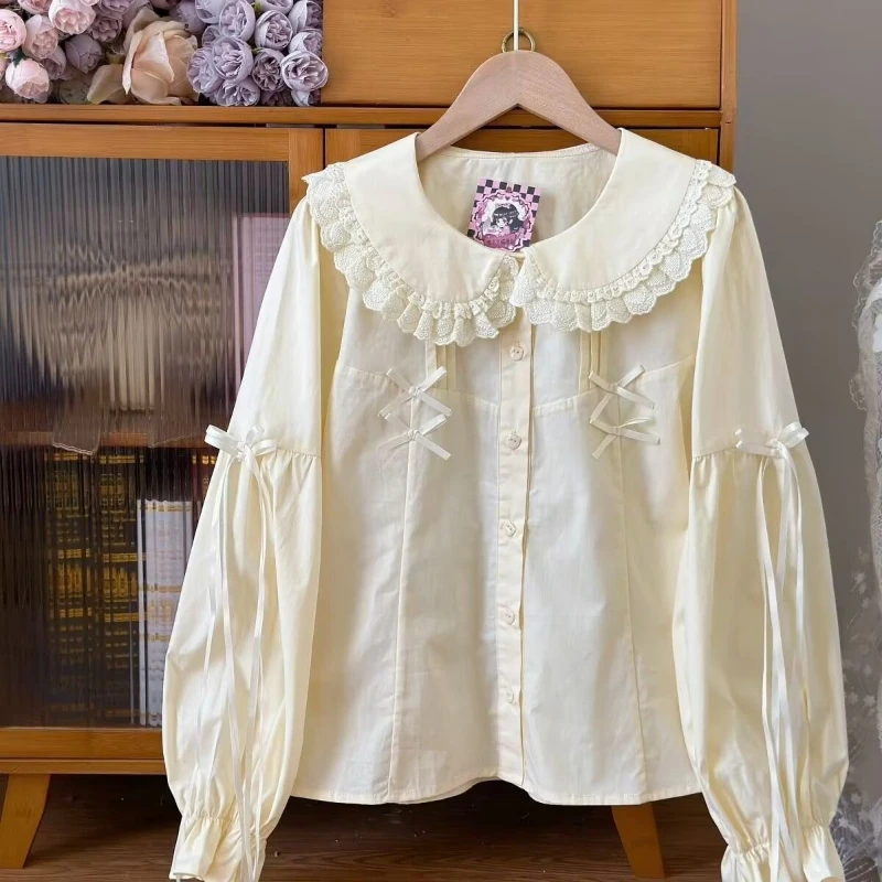 ديبتاون النمط الياباني Kawaii قمصان النساء الحلو القوس الأبيض لوليتا كشكش البلوزات خمر نمط Preppy الأصفر قميص طويل الأكمام