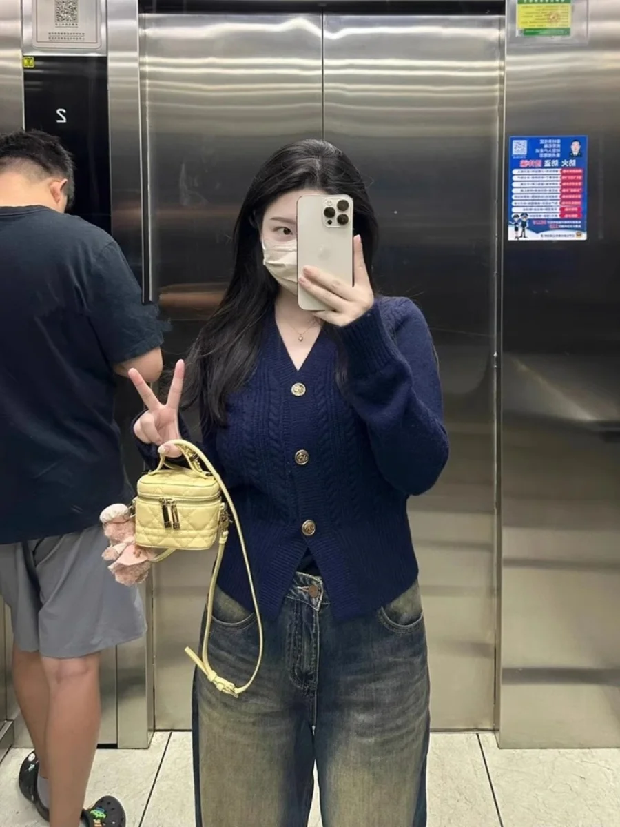 

plus Size Slim Fit V-Ne Knitted Sweater Women's Autumn Embroidery American Retro Open Cardigan Top Commute Sle Regular Sl...