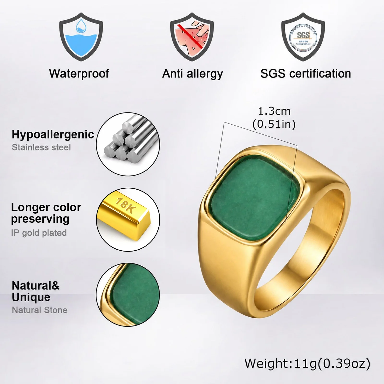 Punk Grüner Naturstein Quadratischer Ring für Männer, Vergoldeter Edelstahl Siegelring, Geburtstagsgeschenk für Ihn Papa – Detail 2