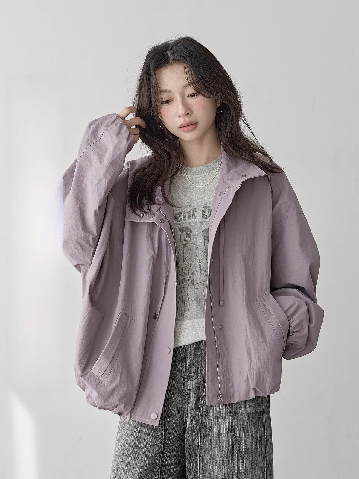 

HuiXi Purple Stand Collar Jaet Women's Spring 2026 New Splice Design Versatile Coat Commute Sle Loose Fit Zipper Decoration