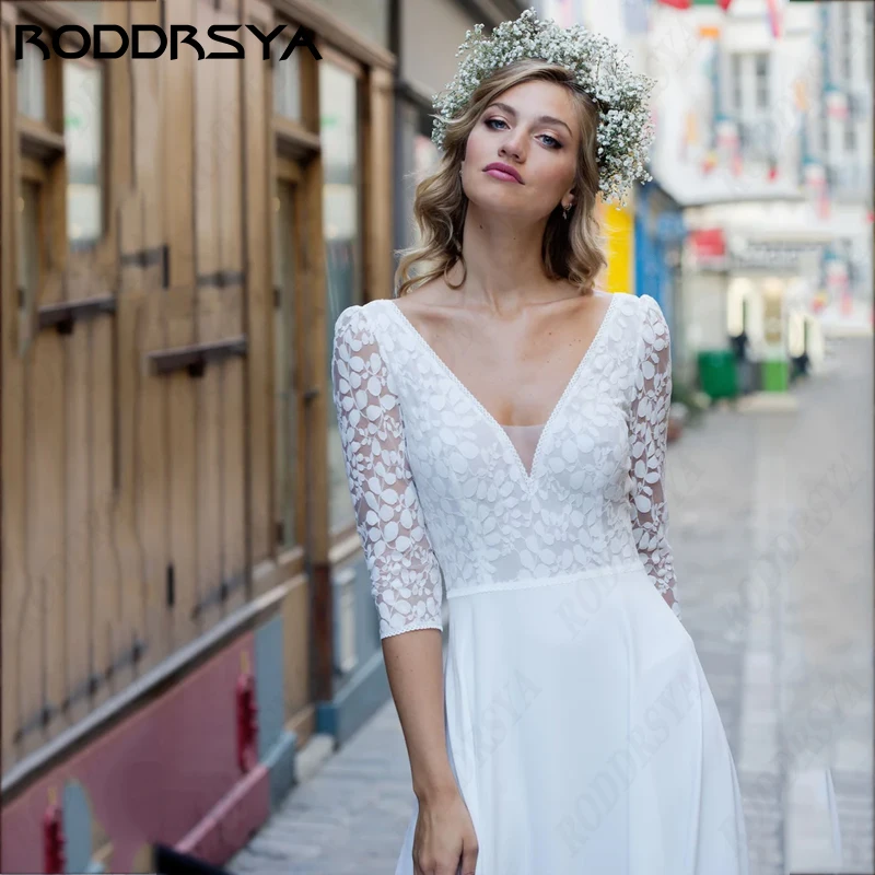 RODDRSYA Elegante V-hals kant trouwjurken voor vrouwen 2024 Illusie Half mouw Bruids Party Vintage Appliques Vestido De Noiva Elegante V-hals kant trouwjurken voor vrouwen 2024 Illusie Half mouw Bruids Party Vintage Ap