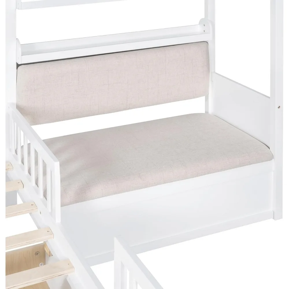 Kids 'Twin House Bed Frame com sofá estofado e 2 gavetas, madeira Montessori cama com armazenamento prateleiras e trilhos de alta, L Shaped