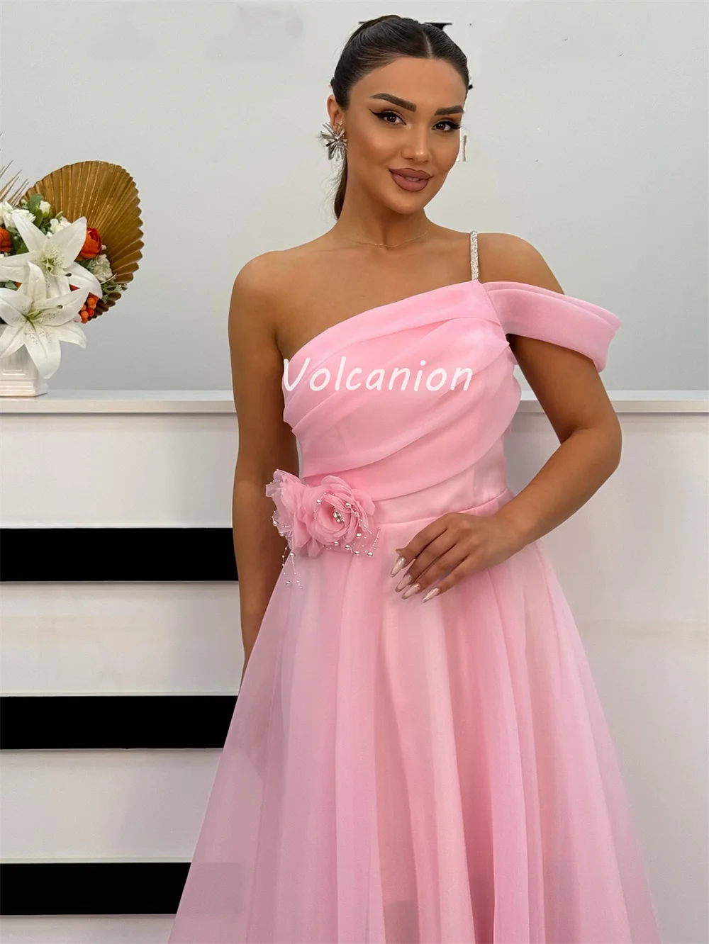 Customized Modern Style Sexy Organza Handmade Flower Rhinestone Ruched A-line One-shoulder Long Dresses Bespoke Occasion Dresses