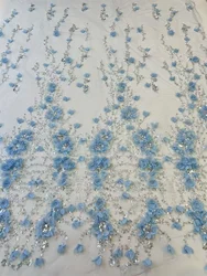 Sky Blue Luxury Fabric For Dress 5 Yards With Beads 3D Lace Fabric Embroidery French Tulle Lace Fabric For Wedding Dress  A678-1