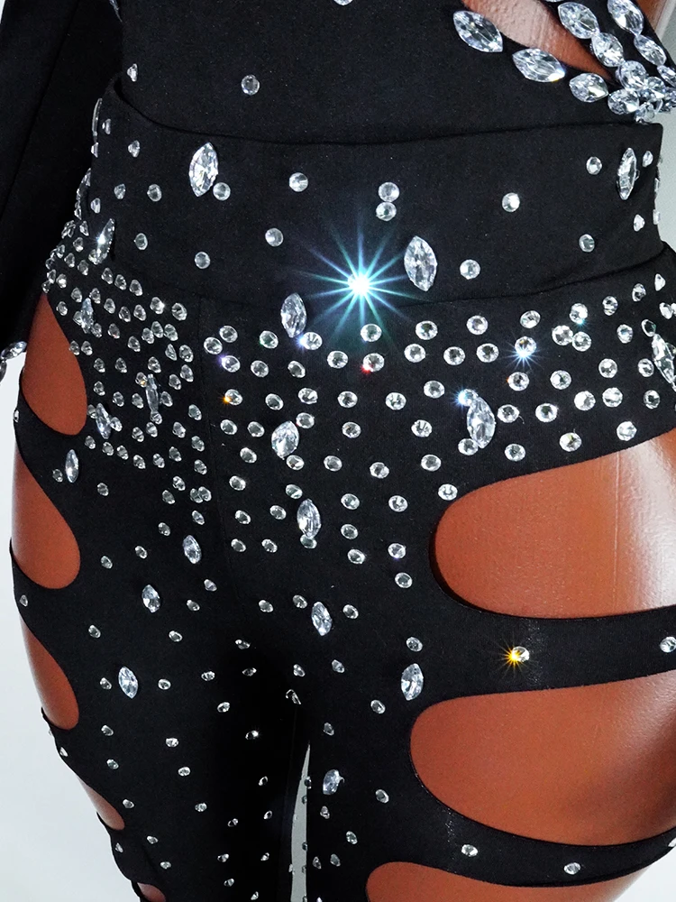 Drag Queen Outfit Sparkly Black Hollow Sexy 2-delig Kristal Dames Avond Prom Vier Verjaardag Nachtclub Prestatiekostuum