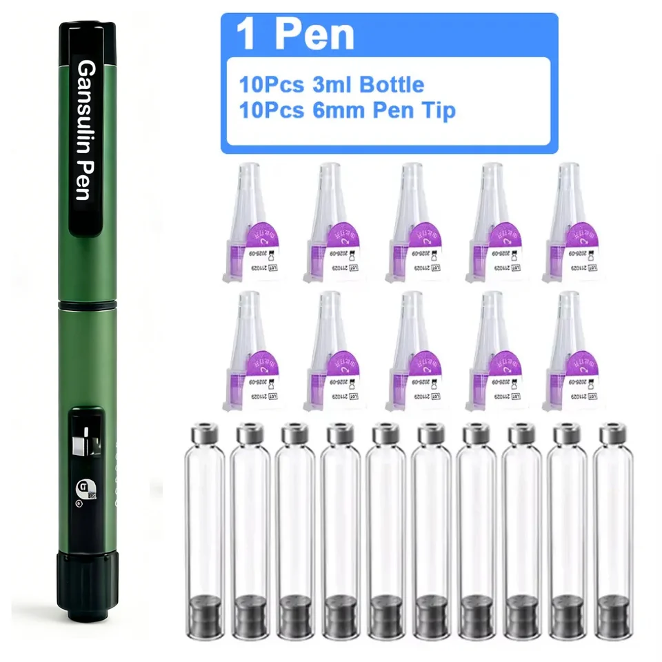 Premium Reusable Metal Insulin Injection Pen with 10PCS 4mm/5mm/6mm/8mmNeedle and 10PCS Vials Set