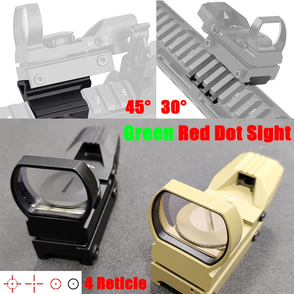

Holographic 4 Reticle Green Red Dot Sight Tactical 30/45° Offset Rail Mount Riflescope Reflex Optics Collimator For 20mm Rail