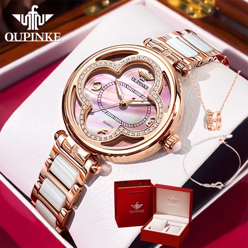 OUPINKE 3272 Elegant Women's Watch High Quality Luxury Brand Diamond Love Waterproof dial Exquisite Gift Box Quartz Women Watch