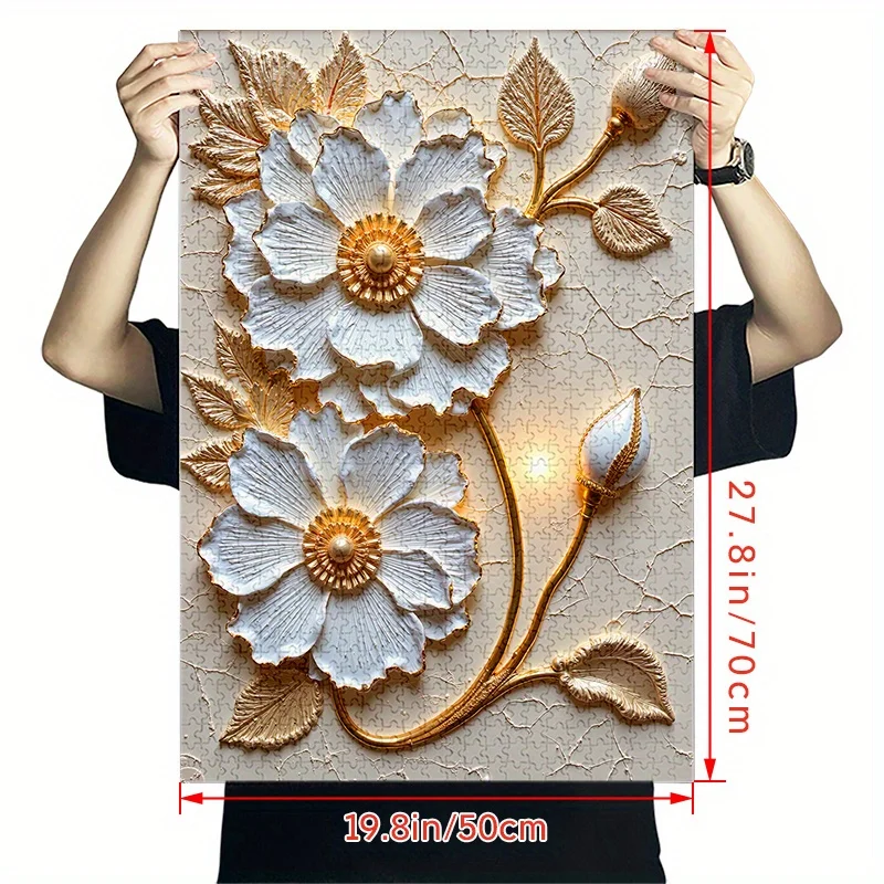 1000 قطعة من أحجية الصور المقطوعة بالزهور البيضاء المزخرفة بالذهب - خدش وجودة عالية، دعابة دماغية عالية المستوى للبالغين - أنيقة H #2