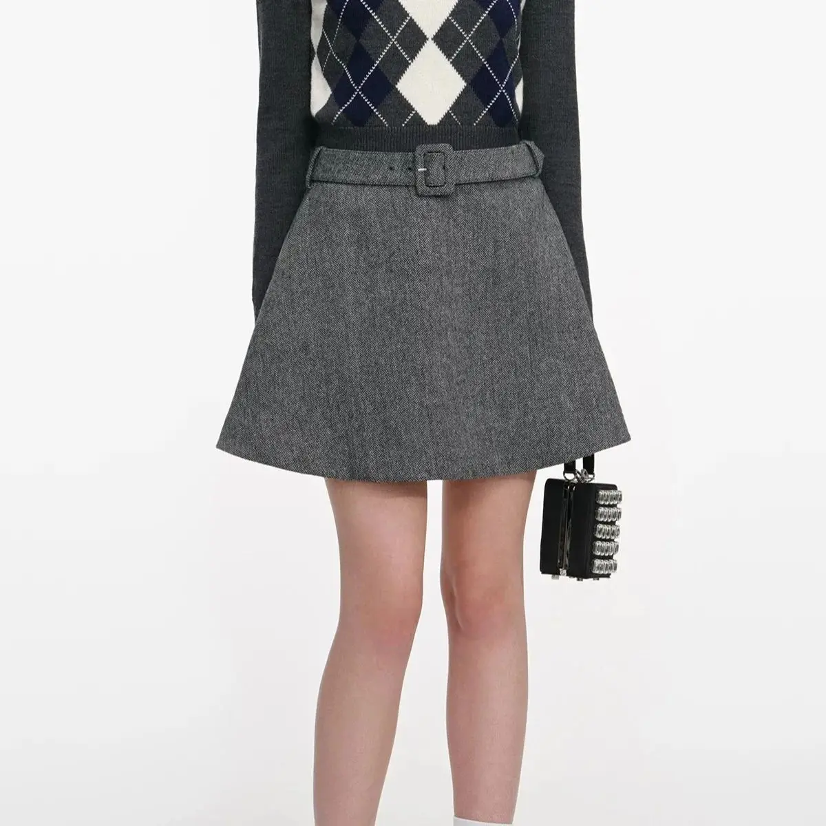 

Women Wool blend A-line mini skirt high waist fashion casual skirt with belt