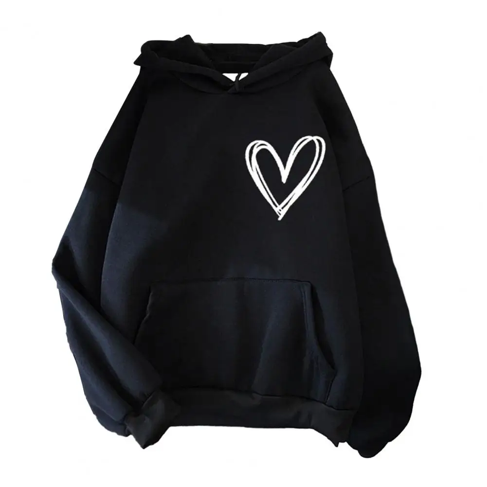 

Autumn Heart Print Pullover Sweatshirt Women Drawstring Hooded Stand Collar Long Sleeve Pocket Student Hoodie Women Streetwear